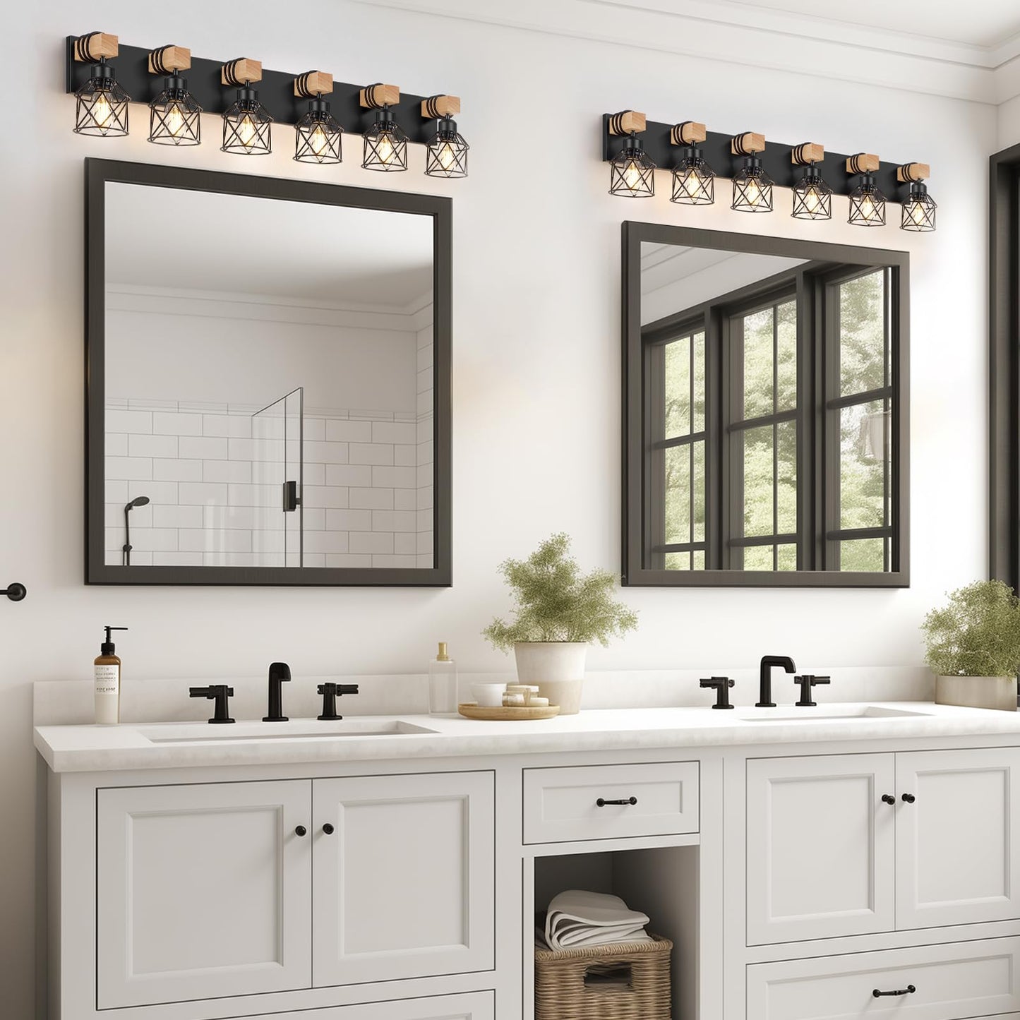 Fadimikoo 6-Light Farmhouse Bathroom Lighting Fixtures  Wood Black Vanity Lights Over Mirror  Rustic Wall Sconces Lighting With Metal Lampshade  Vintage Wall Lights For Bedroom  Living Room  Hallway