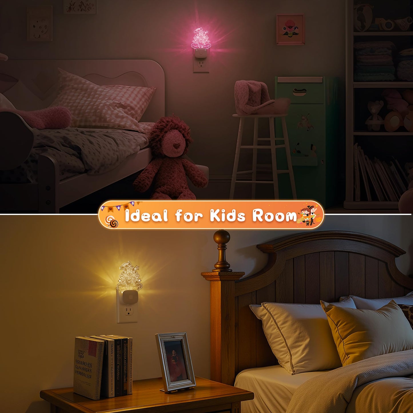 L LOHAS LED Night Light, Acrylic Carved Castle Design, 8-Color Changing, Dusk to Dawn Sensor, Model GY10309CAUS, Plug-in for Kids
