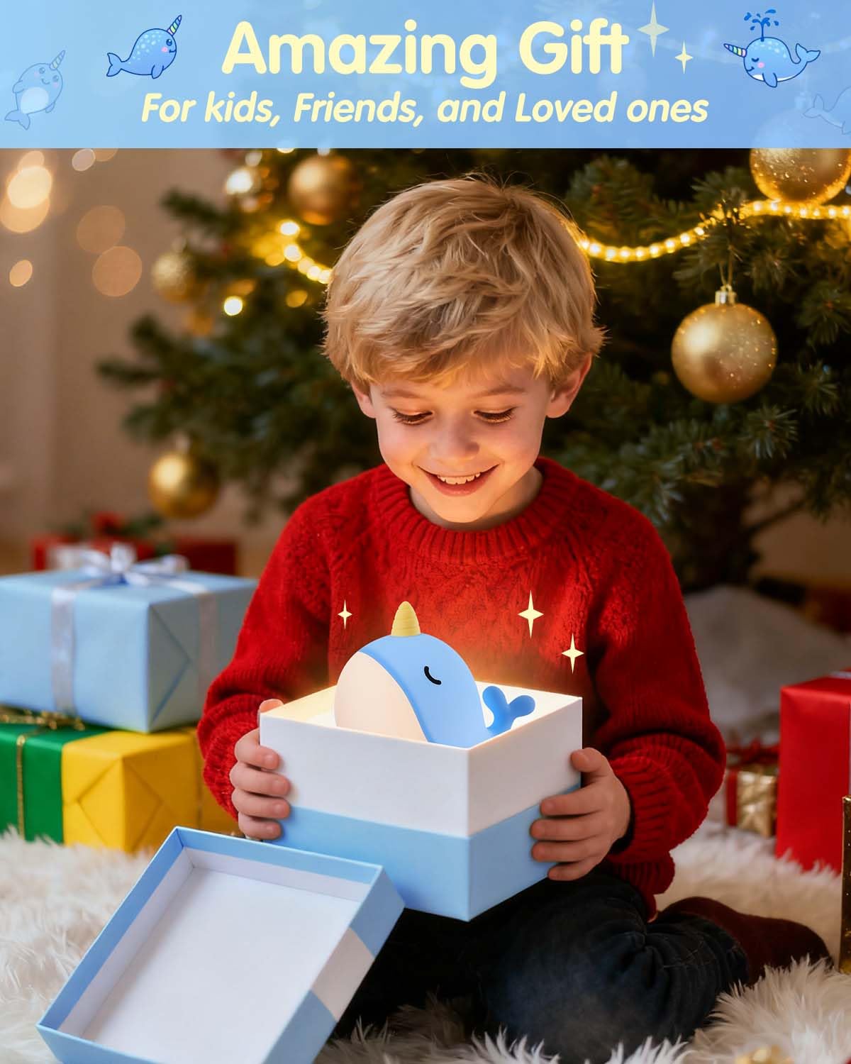 Fuloon Narwhal Night Light With Whale Shape  Squishy Silicone Kids Lamp  Safe & Soothing Touch Control For Kids And Babies  Usb-C Rechargeable  30-Min Auto Timer  Gift Idea (Blue)