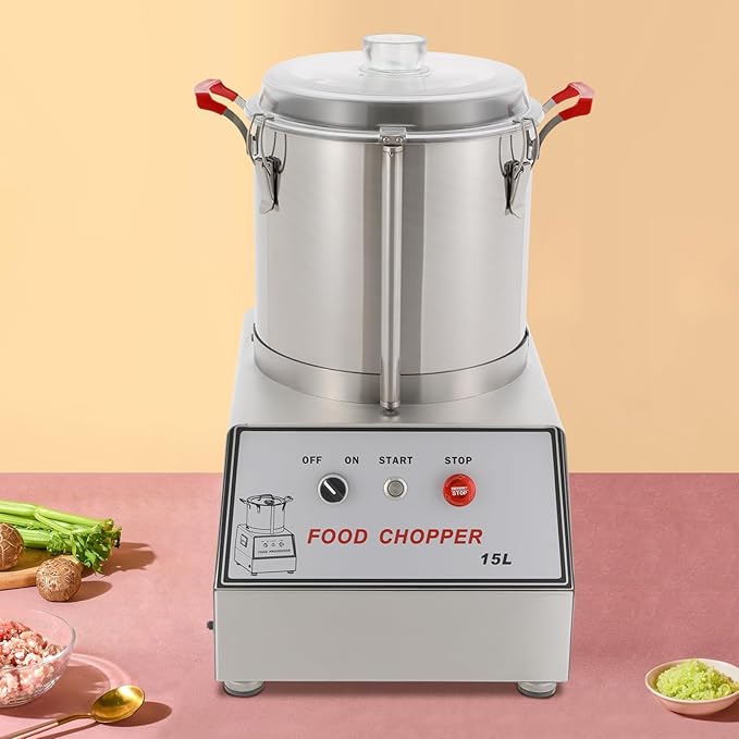 1400W Commercial Food Processor, 15L Stainless Steel Electric Food Chopper Machine, 1400RPM Grinder with Safety Lock & Clear Lid