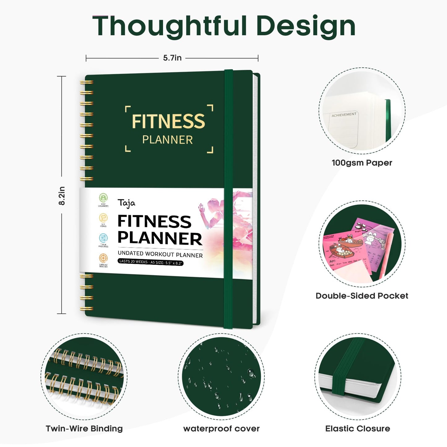 Fitness Workout Journal for Women & Men, A5(5.5" x 8.2") Workout Log Book Planner for Tracking, Progress, and Achieving Your Wellness Goals-Dark Green