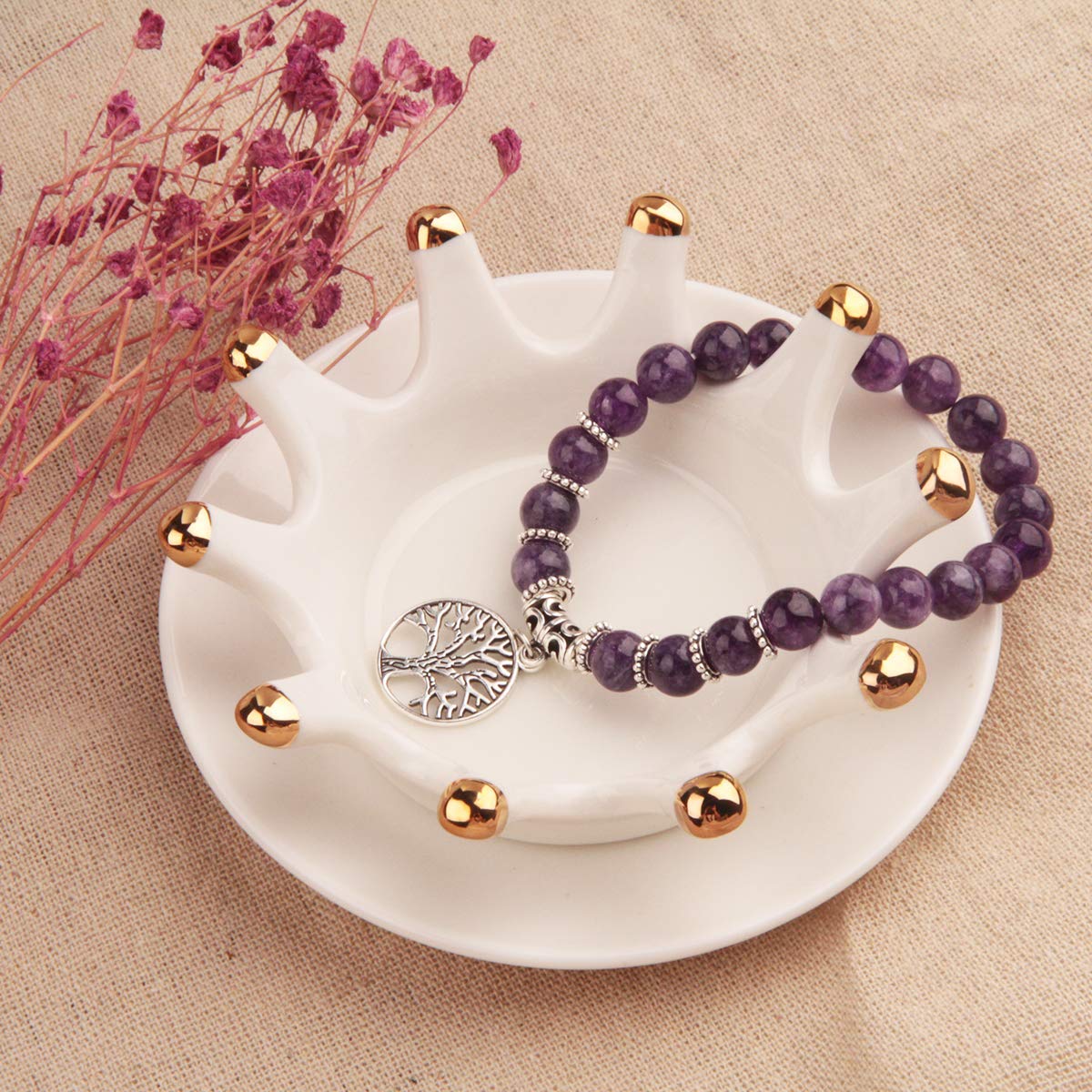 Jardme Healing Amethyst Crystal Bracelets for Women, 8mm Beaded Natural Stone Stretch Chakra Bracelets Tree of Life Bracelet Jew