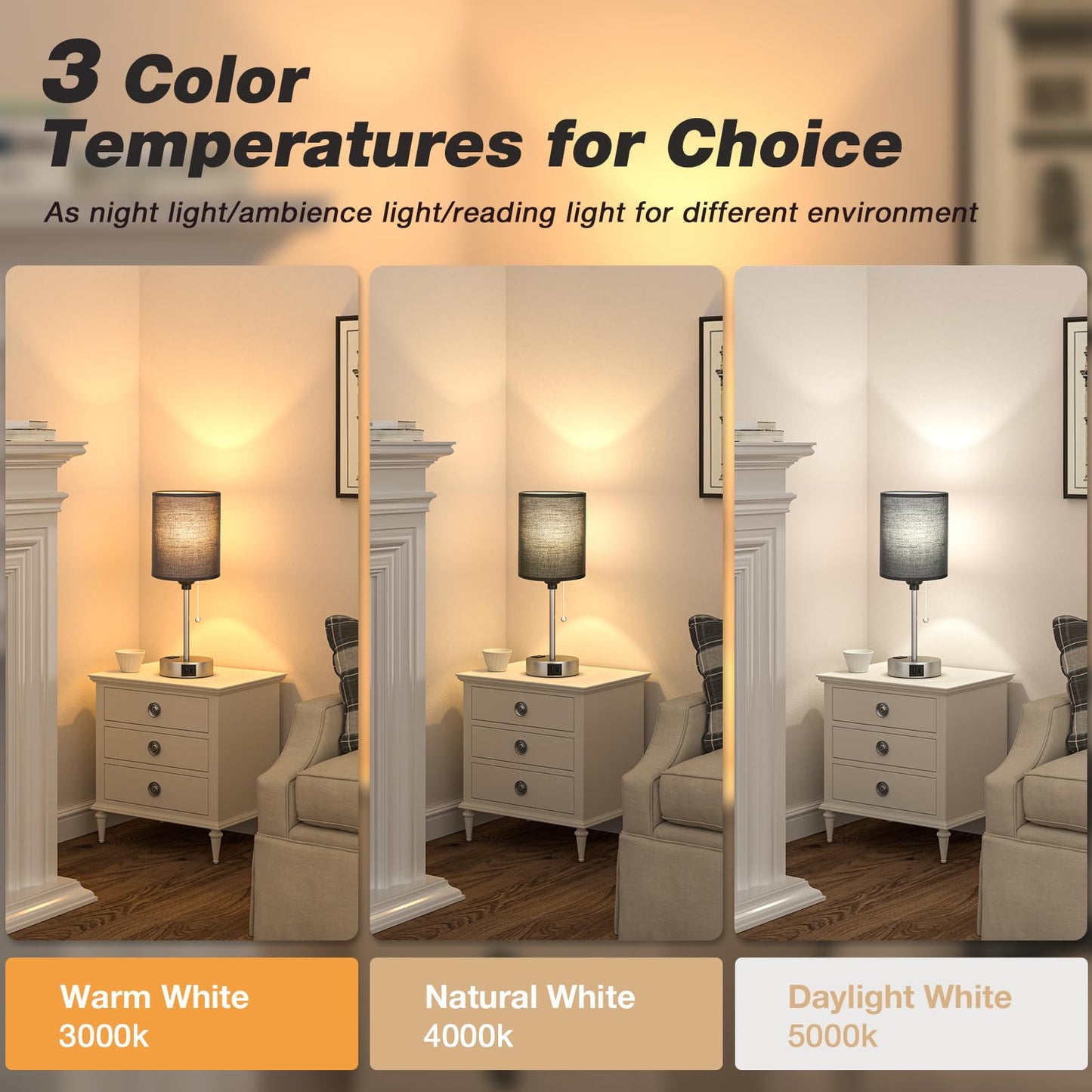 Dicoool Black Table Lamp - 3 Color Temperature, USB C/A Ports, 14.6in, Fabric, Silver Metal Base, Model 15-8