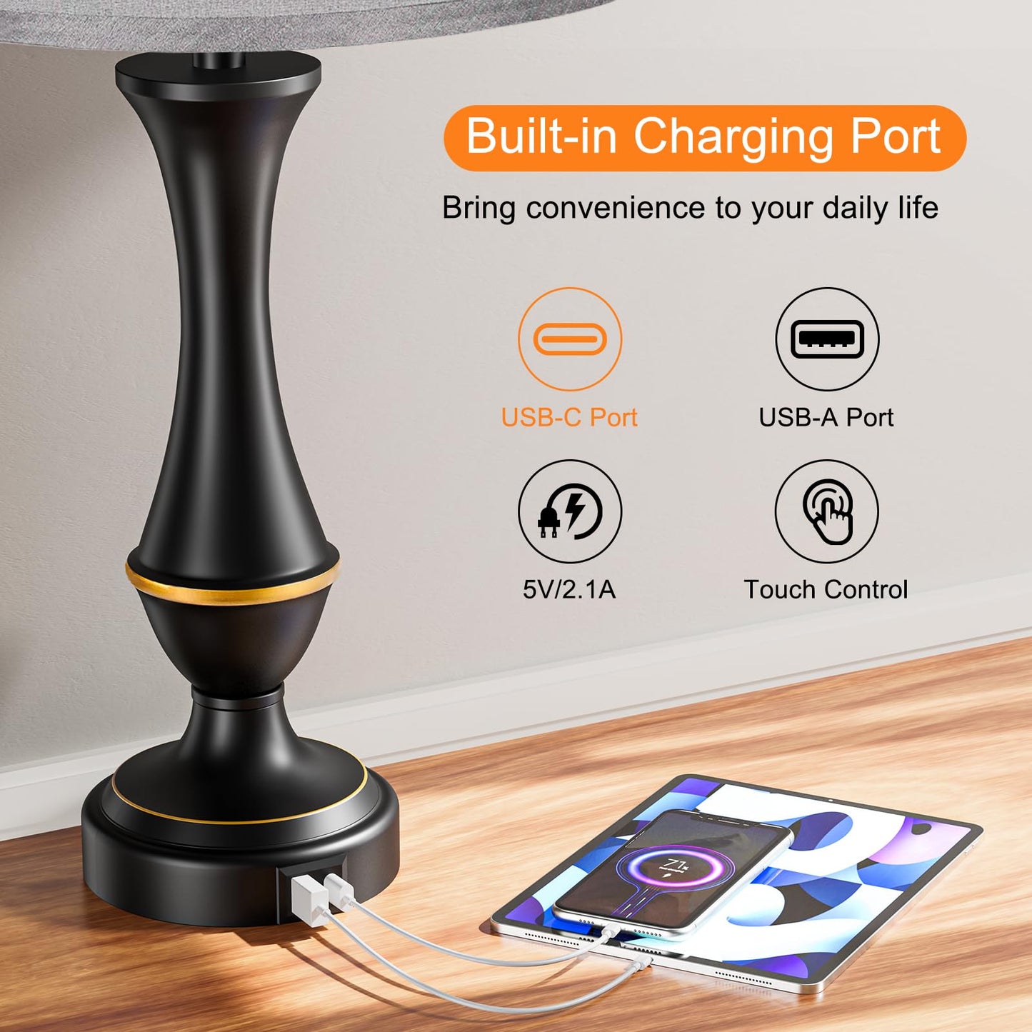 Seealle Touch Lamps Set Of 2 - 3-Way Dimmable Metal Nightstand Lamps With Usb, Grey Shade & Black Base For Bedroom And Living Room