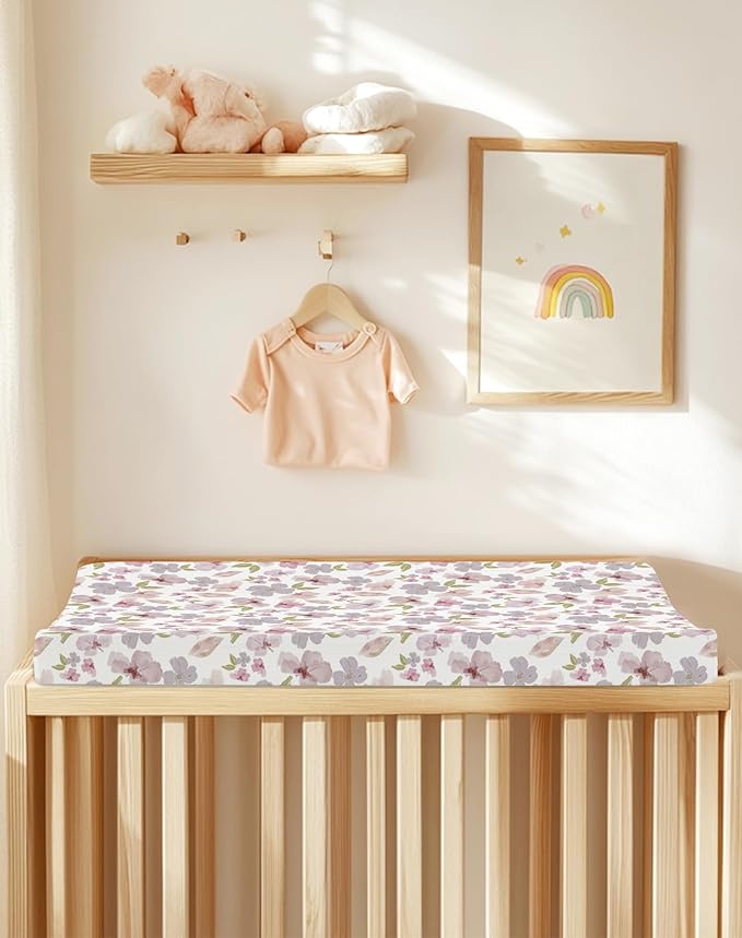 Changing Pad Cover for Baby Boy Girl 2 Pack, Muslin Changing Table Pad Covers with Boho Style, Neutral Nursery Bedding Essentials Soft and Breathable (Purple Petals & White)