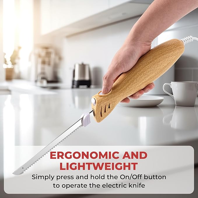 Electric Knife - Carving Knife Set, Easy-Slice Serrated Edge Blades for Meat, Bread, Turkey, Ribs, Fillet, DIY, Ergonomic Handle + 2 Blades for Raw & Cooked Food New Upgrade(Faux Wood)
