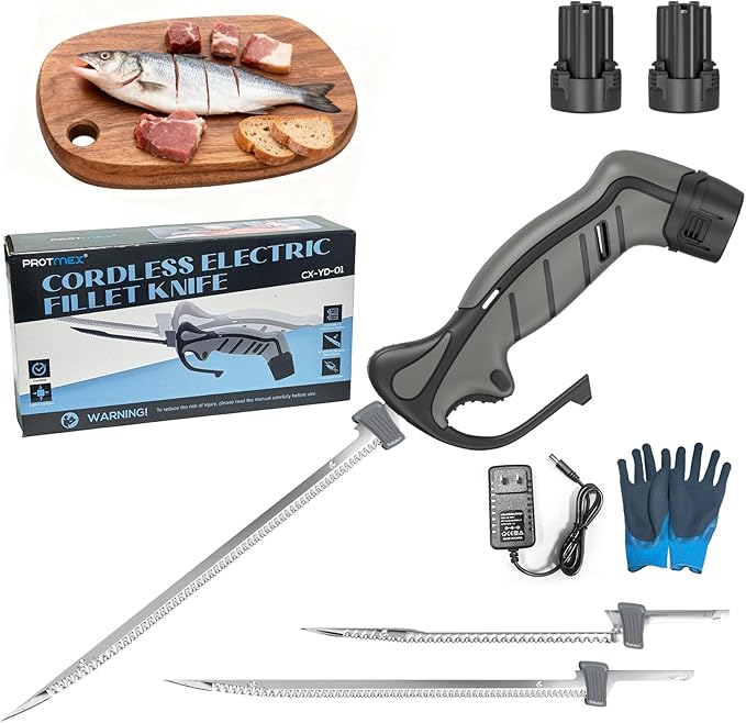 Protmex Cordless Electric Fillet Knife with 8" and 10" Sharp Blades, 12V Electric Fillet Knife with Non-slip Grip Handle, Gloves and Safety Lock, for Fishing, Filleting, Meat, Bread, Outdoors