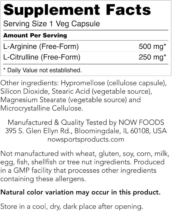 NOW Sports Nutrition, Arginine & Citrulline 500 mg/ 250 mg, Amino Acids, 240 Veg Capsules