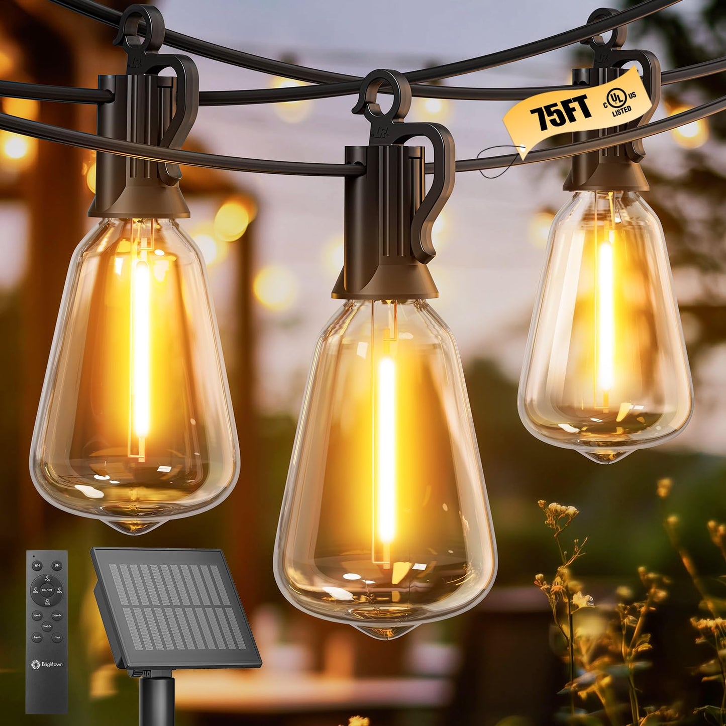 Brightown Solar String Lights Outdoor 75FT with 35 Warm White LED Bulbs, Waterproof, Remote Controlled, for Camping and Yard Decor