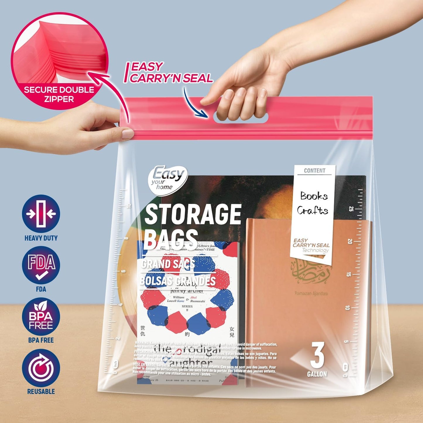 EASYYOURHOME 3 Gallon Zipper Lock Plastic Bags with Handle and Bottom,16"x18"x5'',Extra Large Size Reusable Storage Bag with Double Zip for Clothing,Travel,Moving,Beach,BPA-Free,3-Mil Thick