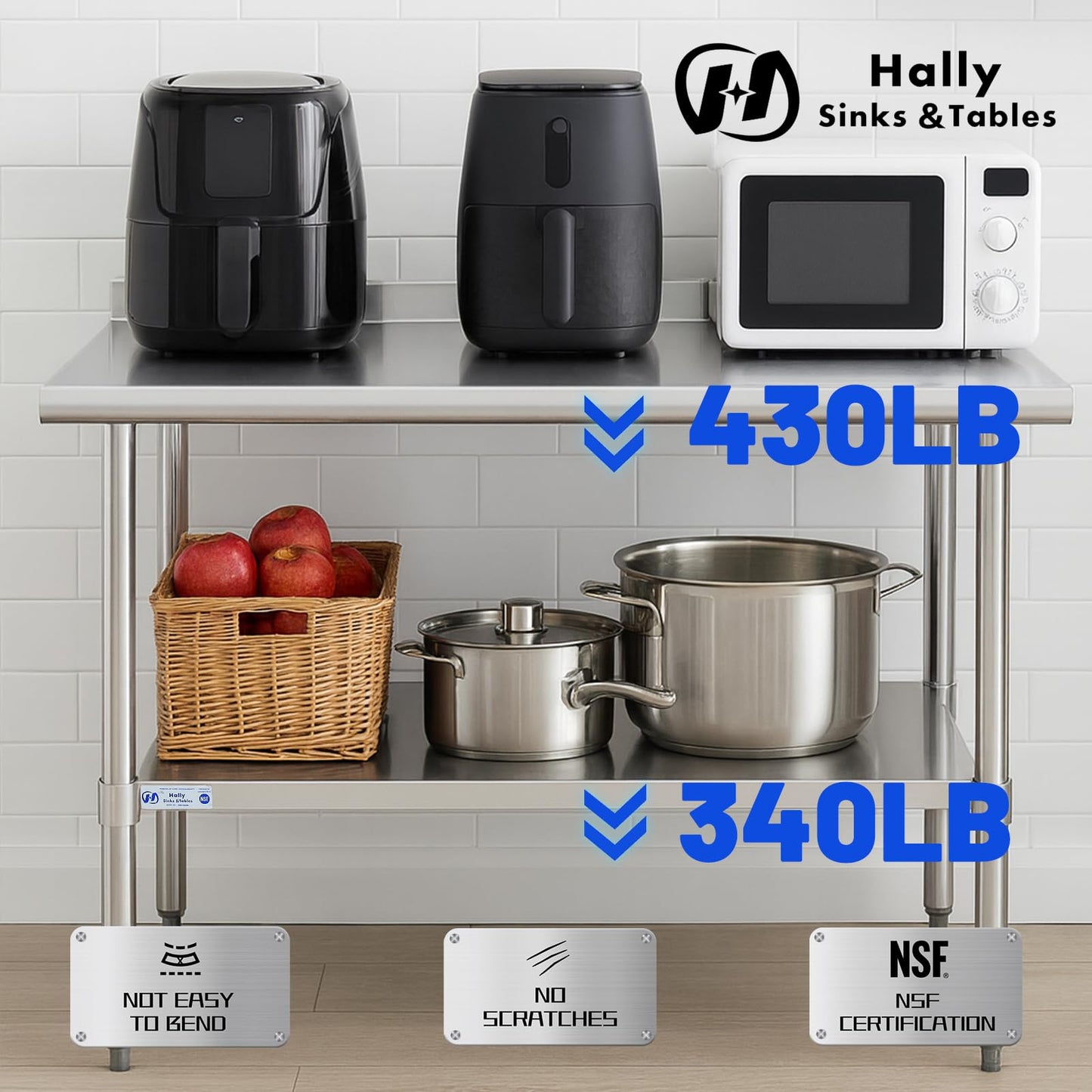 Hally Stainless Steel Table for Prep & Work 18 x 72 Inches, NSF Commercial Heavy Duty Table with Undershelf and Backsplash for Restaurant, Home and Hotel