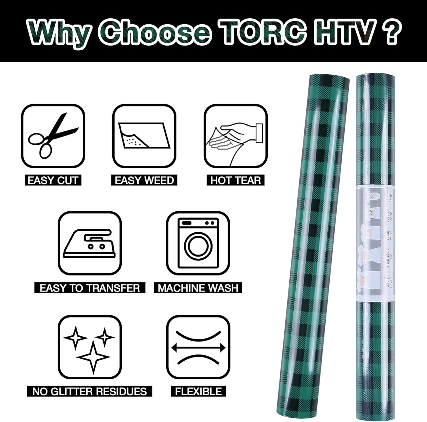 TORC Green Black Buffalo Plaid HTV Vinyl 12 inch x 5 ft, Check Heat Transfer Vinyl Iron on Transfers