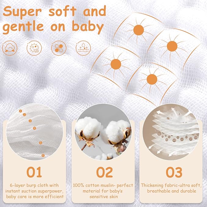 Looxii Muslin Burp Cloths 100% Cotton Muslin Cloths 12 Pack Large 20''x10'' Extra Soft and Absorbent Baby Burping Cloth for Boys and Girls (White+Pink)
