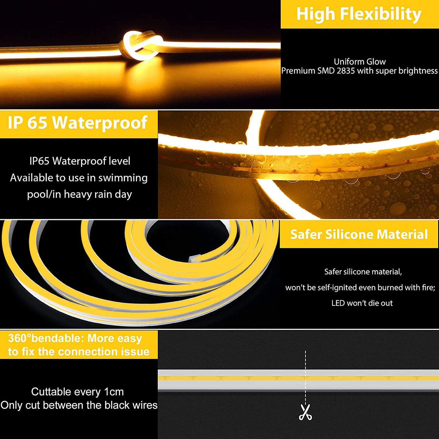 Lamomo LED Neon Strip Light, 16.4ft Waterproof Silicone Rope Light, Yellow, 12V, 0.39in/Cut, DIY Indoor Outdoor Decoration