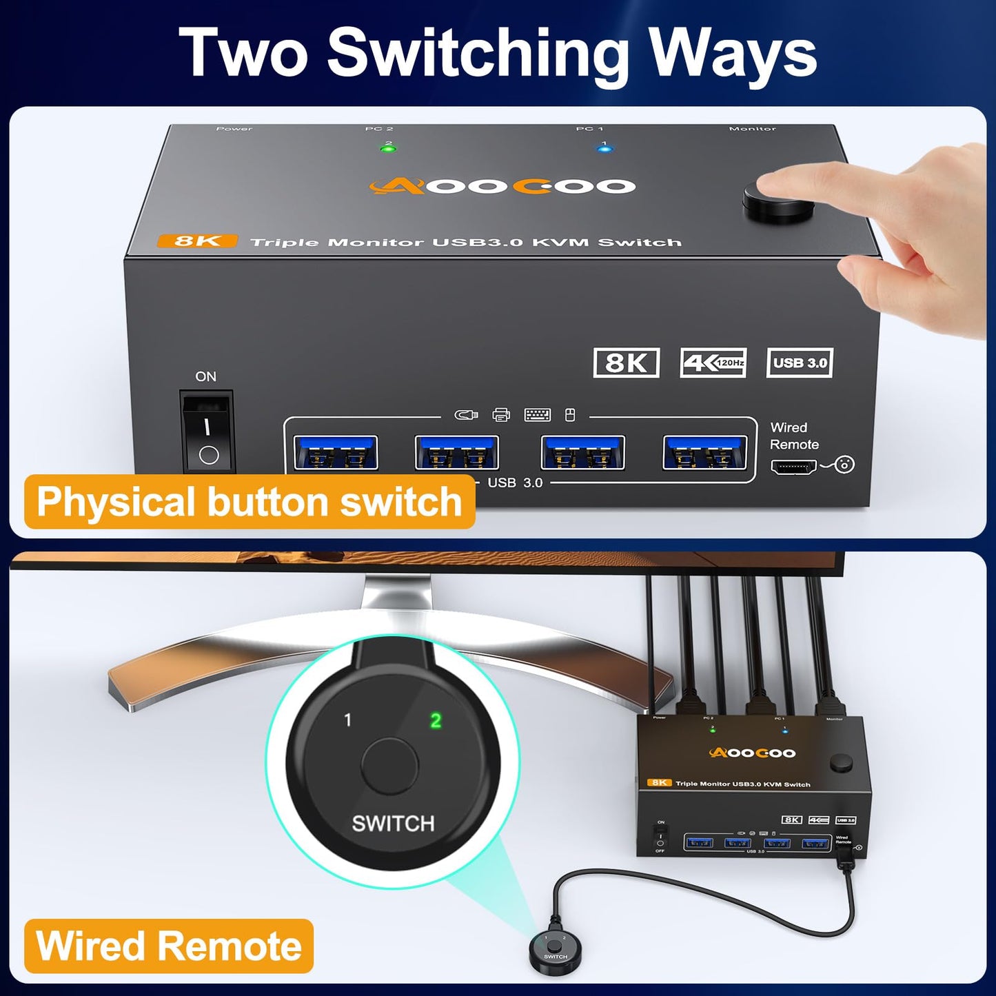 8K@60Hz HDMI Displayport KVM Switch 3 Monitors 2 Computers 4K@144Hz Triple Monitor KVM Switches with USB 3.0 Port,Wired Remote,Power Adapter and USB3.0 Cables Included(2 PC 3 Monitor 8K DP HDMI KVM)