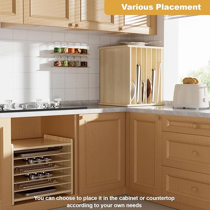 7 Tier Wooden Tray Dividers for Cabinets Cookie Sheet Organizer for Pot, Pans, Baking Tray Organizer for Kitchen Documents Storage(20" W x 16.5" H x 15.2" D)