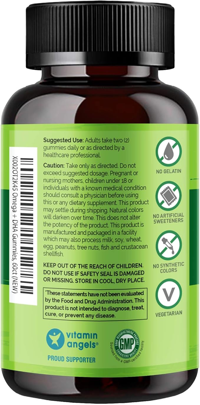NATURELO Vegetarian DHA and Omega 3 Supplement from Algae and Chia Seed Oil for Heart, Brain and Joint Health - No Fish, Gelatin, or Artificial Sweeteners - 60 Gummies