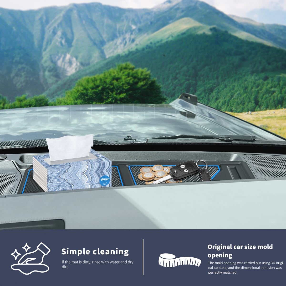 auovo Dash Cover Tray Fit for Ford Bronco Accessories 2026 2025 2021 2022 2023 2024 Anti-Slip Silicone Dashboard Compartments Mat fit Bronco 2/4-Door Interior Dash Pad Liners 2-pc Set (Blue Trim)