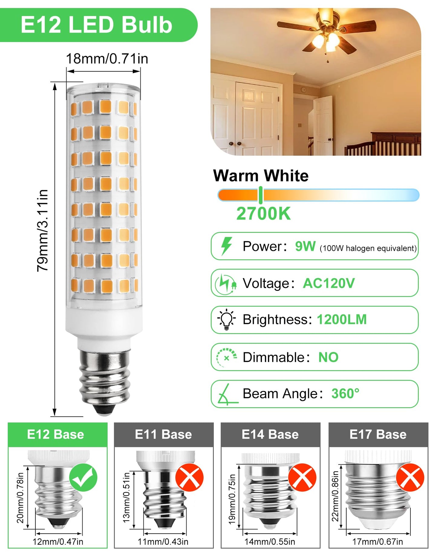 Gohdlamp E12 Led Bulb 100 Watt Equivalent - 6 Pack Warm White 2700K Candelabra Light Bulbs  9W 1200Lm Non-Dimmable  For Chandelier  Ceiling Fan  Pendant Lighting