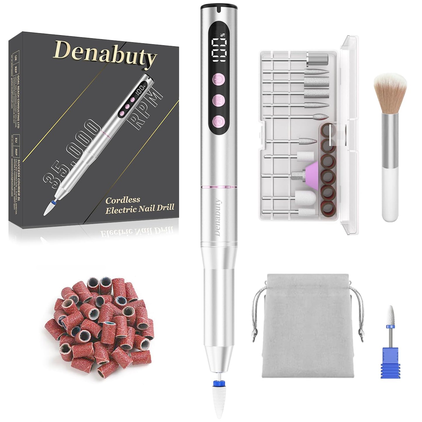 Denabuty Electric Nail Drill Cordless, 35000RPM Portable Electric Nail File with LCD Display and 12 Nail Drill Bits for Acrylic