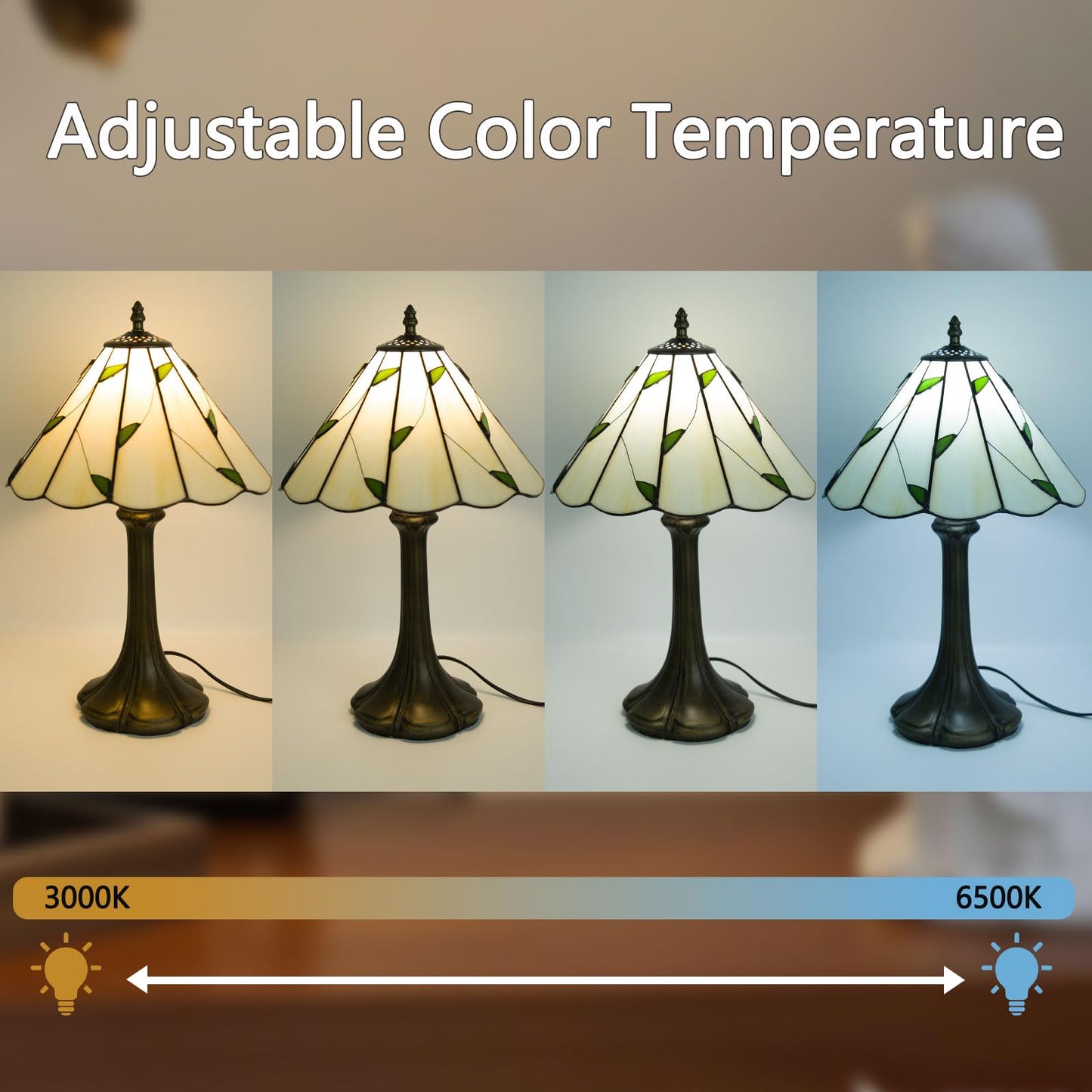 Crefotu 12 Inch Tiffany Table Lamp, Stained Glass, Remote Control, Dimmable, 9W Bulb Included, Umbrella Willow Leaves