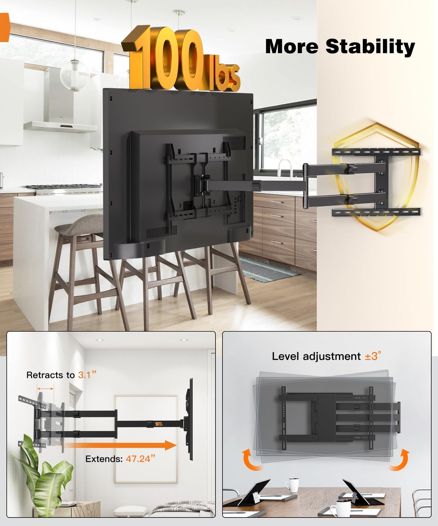 47” Extra Long Arm TV Wall Mount for 37-80 Inch TV, Full Motion Corner TV Mount with Extension Articulating Arm Swivel and Tilt, Max VESA 600x400mm, Fits 16" 18" Studs Up to 99 lbs