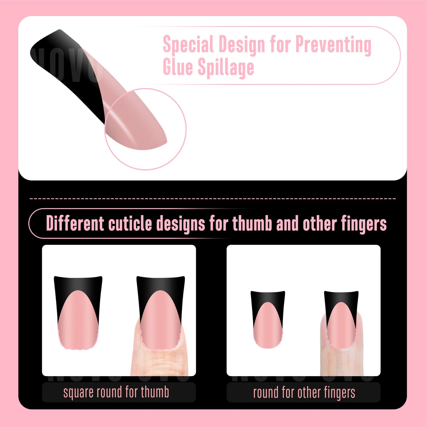NOVO OVO Black French Tip Short Duck Nail Tips Press on, BABY PINK Pre-designed Soft Gel Nail Extension, Extra thick Full Cover