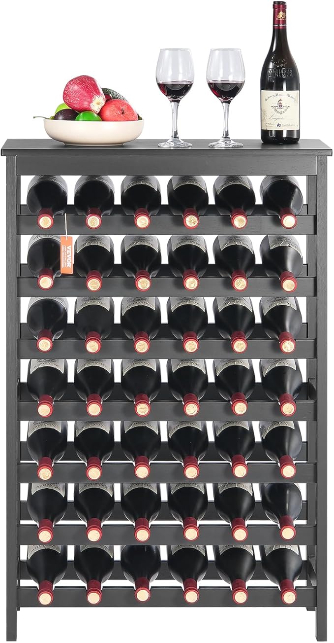 VEVOR 42 Bottle Modular Wine Rack, 7-Tier Solid Bamboo Wood Storage Racks with Table Top, Floor Freestanding Wines Holder Display Shelf, Wobble-Free Shelves for Kitchen, Bar, and Cellar (Black)