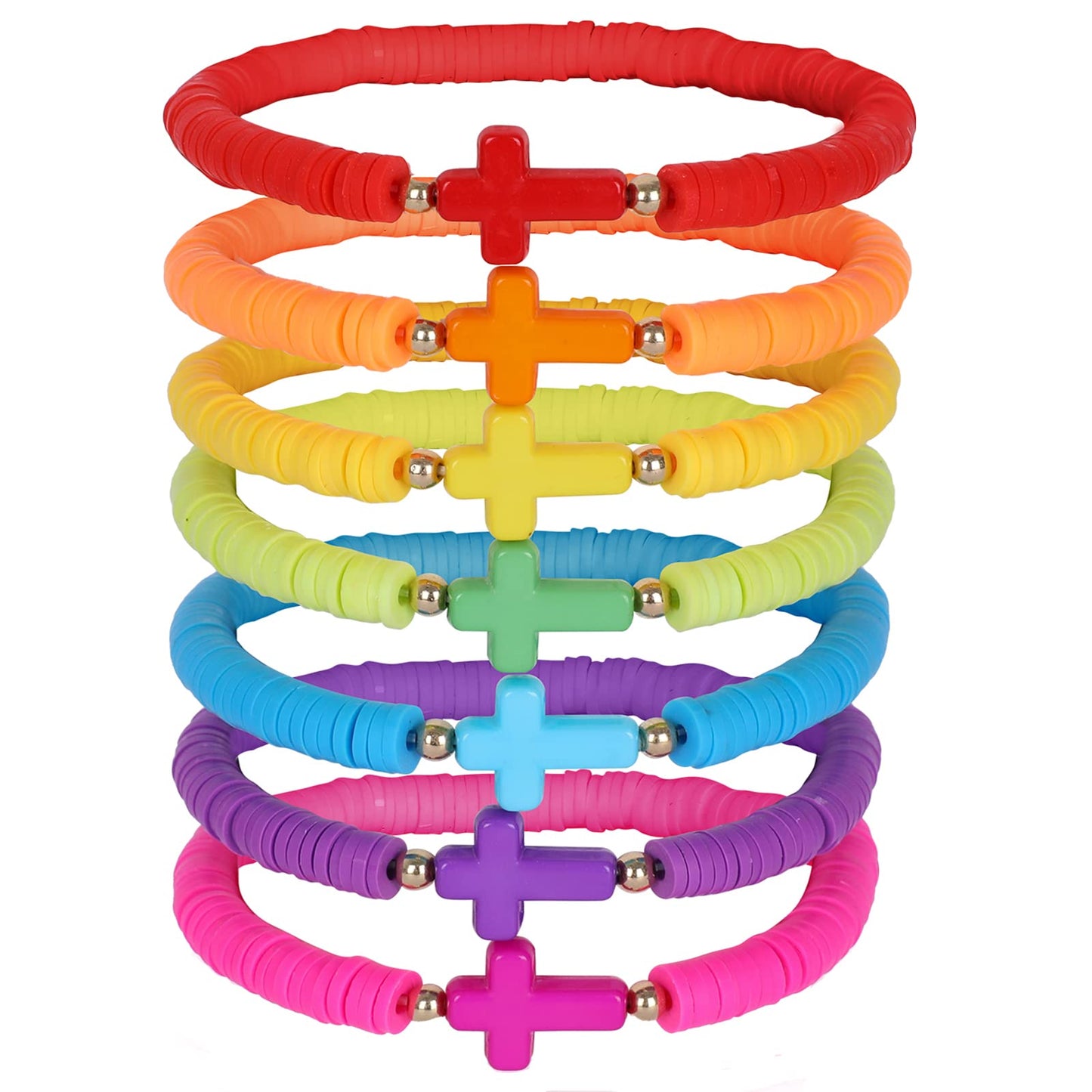 Rainbow Cross Beaded Bracelets for Women Cross Charm Bohemian Stackable Clay Beads Heishi Bracelets Set Colorful Religion Stretc