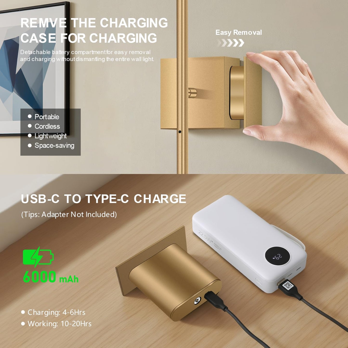 Linkenail Battery Operated Wall Sconces Set of 2, USB Rechargeable, Dimmable Touch, 32 Inch, Gold, Model XTFD-DC-JS