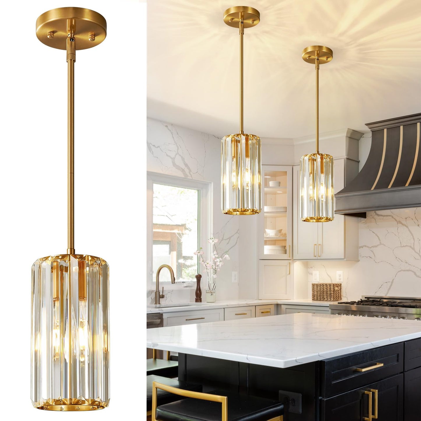 Zhllmq Gold Pendant Lighting Modern Pendant Light Mini Crystal Chandeliers Adjustable Pendant Light Fixture For Kitchen Island Dinning Room Corridor Bedroom(Gold 2-Pack)