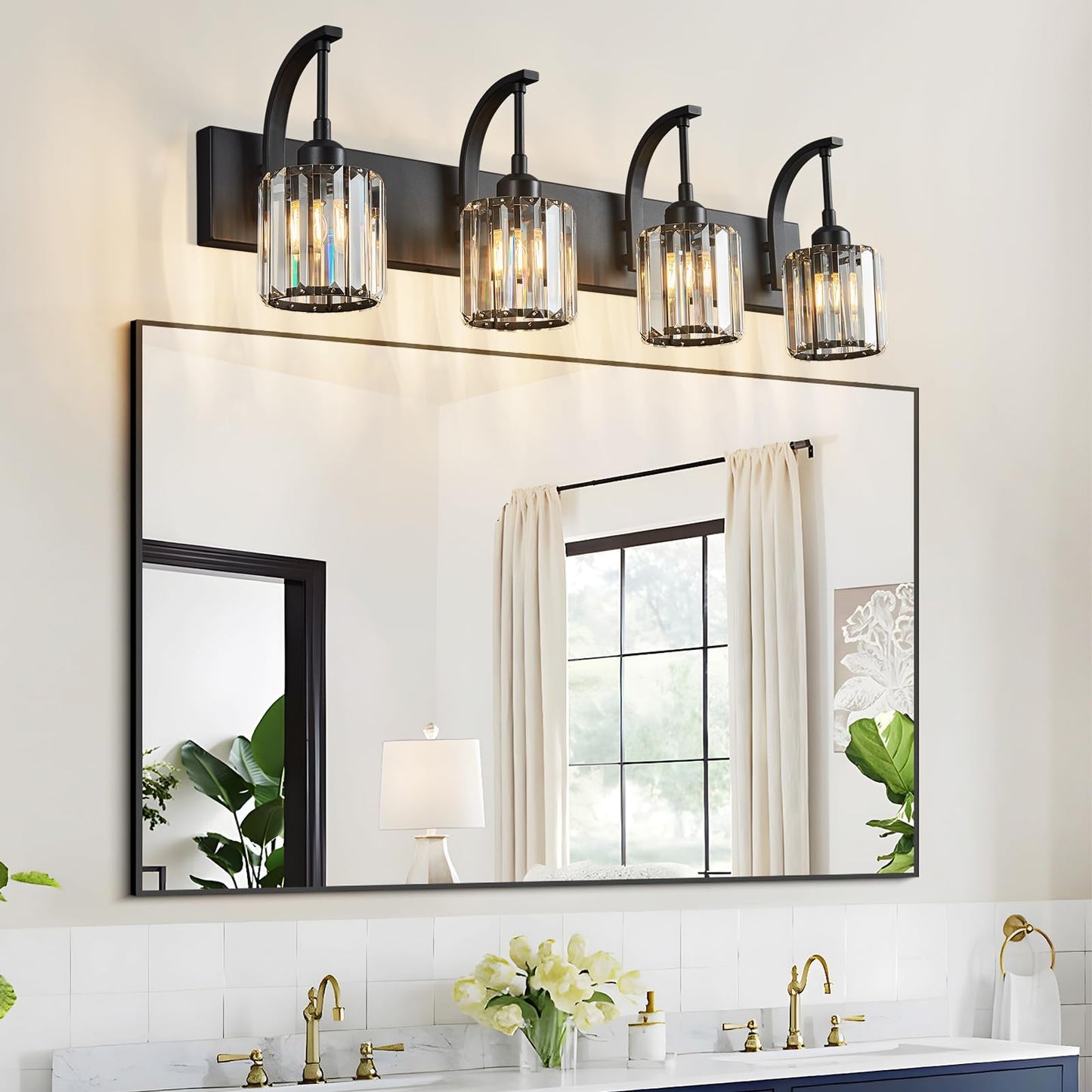 Fdpby 4-Light Crystal Vanity Light  Modern Black Bathroom Wall Sconce With K9 Crystal Shades  32.67 Long Over Mirror Lighting For Vanity  Makeup  Hallway  Elegant & Easy Install