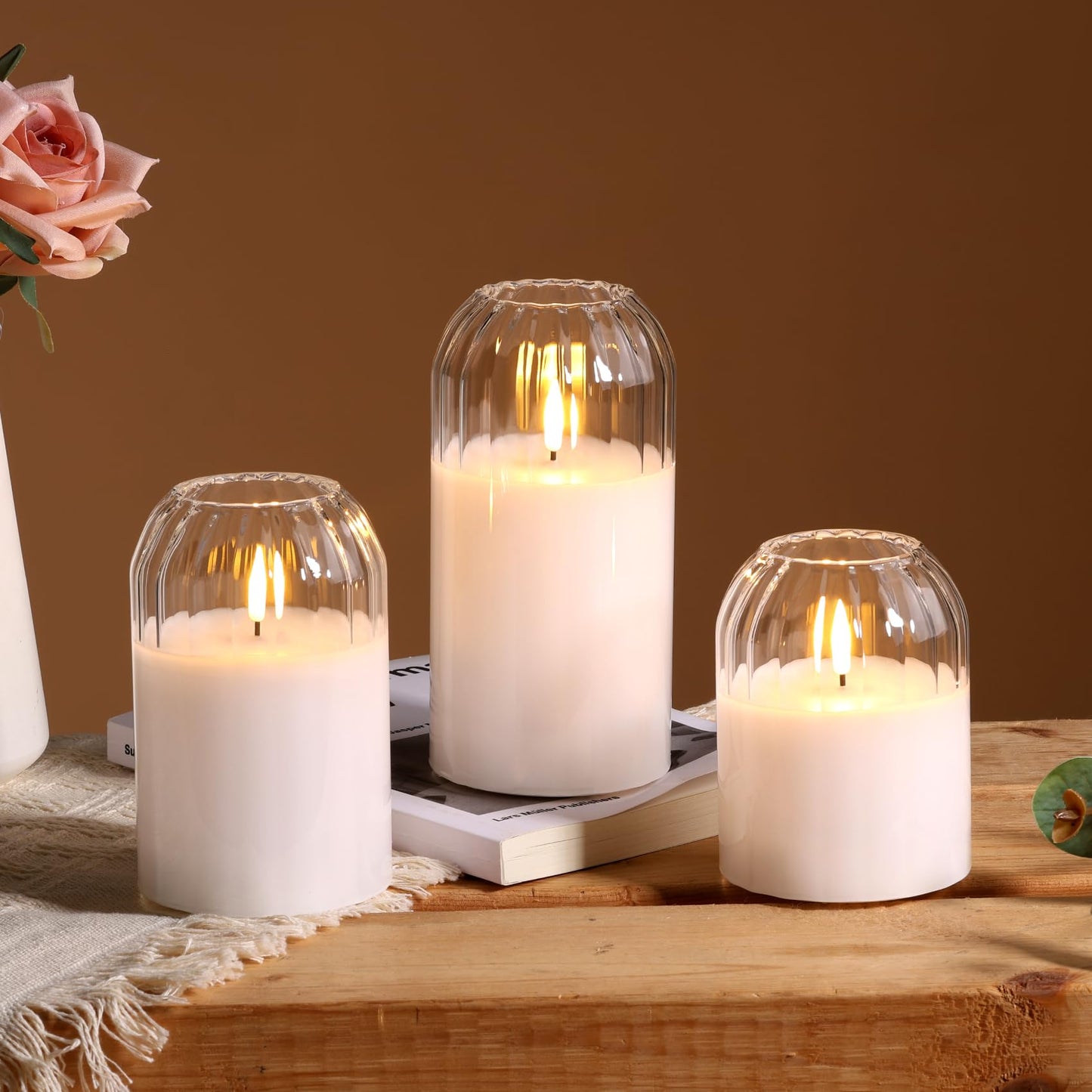 Girimax Clear Glass Flameless Candles with Remote, Real Wax Flickering Battery LED Pillar Candles Set of 3