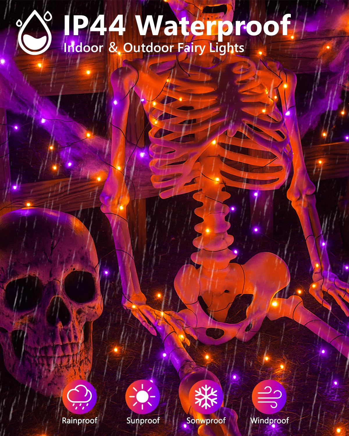 BOSSERN 4 Pack 60LED Fairy Lights, Battery Operated, Waterproof, 20FT, Black Wire, Halloween Decor, Purple & Orange
