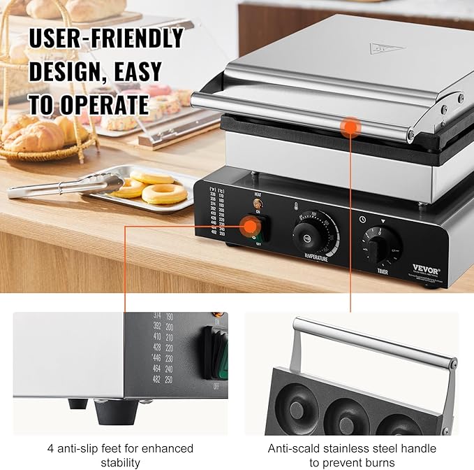 VEVOR Electric Donut Maker, 2000W Commercial Doughnut Machine with Non-stick Surface, 9 Holes Double-Sided Heating Waffle Machine Makes 9 Doughnuts, Temperature 122-572℉, for Restaurant and Home Use