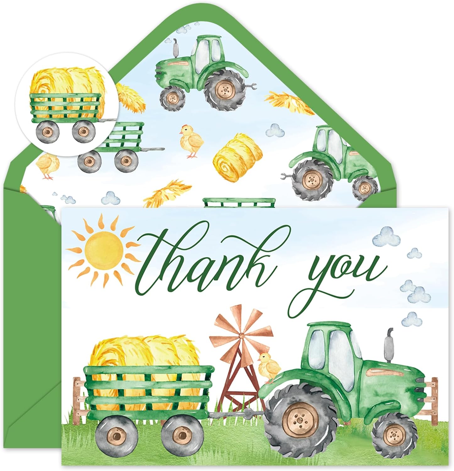 Whaline 24 Pack Green Tractor Thank You Cards Bulk Grain Chicken Tractor Note Card with Envelopes Stickers Green Yellow Greeting Blank Card for Farmhouse Birthday Baby Shower