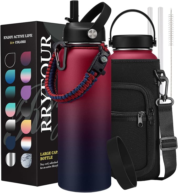 Insulated Water Bottle 40oz with Straw - Paracord Handle, Flex Cap, Bottle Holder with Strap & Silicone Cup boot, Vacuum Stainless Steel Water Bottles, Gym Water Flask Metal Jug Keep Cold 48H Hot 24H
