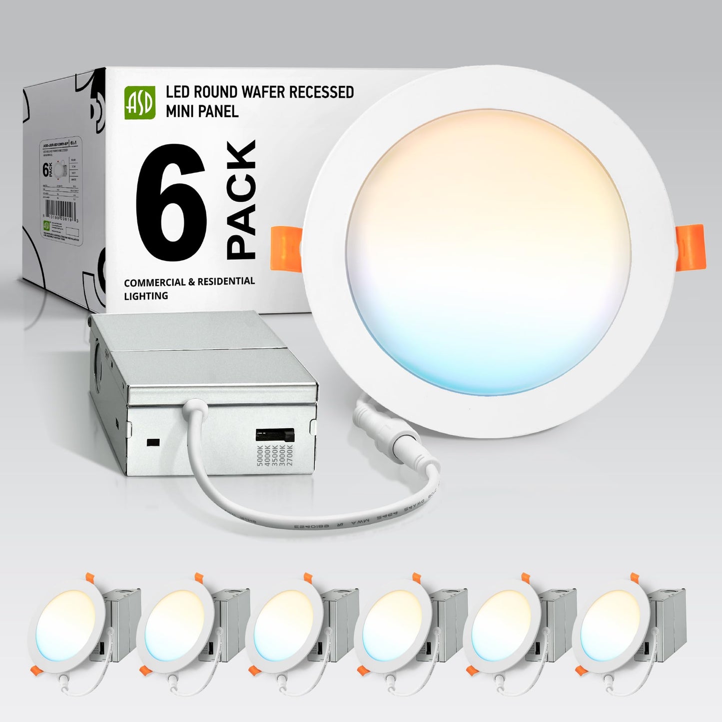 Asd 6 Pack Led Recessed Lighting 6 Inch 12W  5 Cct 2700K-5000K Cri90+  Ic Rated Ultra Thin Dimmable Ceiling Lights With J Box  Canless Wafer Downlight  Round Slim Panel Light  Energy Star Etl  White