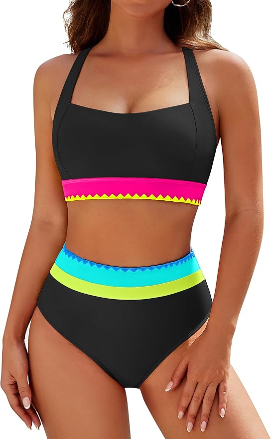 Blooming Jelly Womens High Waisted Bikini Sets Tummy Control Two Piece Bathing Suit Sporty Neon Color Block Swimsuits
