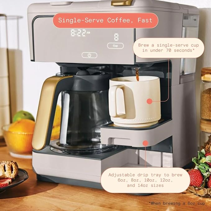 Beautiful Multi-Brew Coffee Maker – 12-Cup Carafe & Single-Serve Pod or Grounds, Iced Coffee Mode, Programmable Touch Display, Includes Filters (Porcini Taupe)