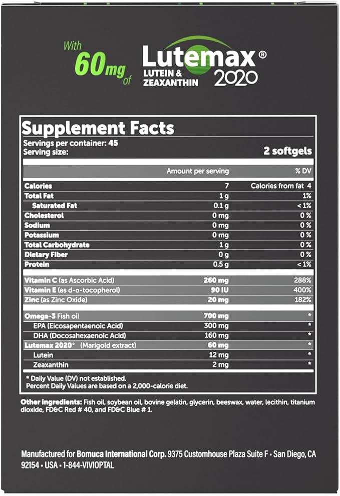Vivioptal Lux, 90 Softgels, Adult Vitamins, Improve Visual Performance, Omega 3, Zinc, and Vitamin C & E, Multivitamin & Multimineral, Gluten Free, German Formula