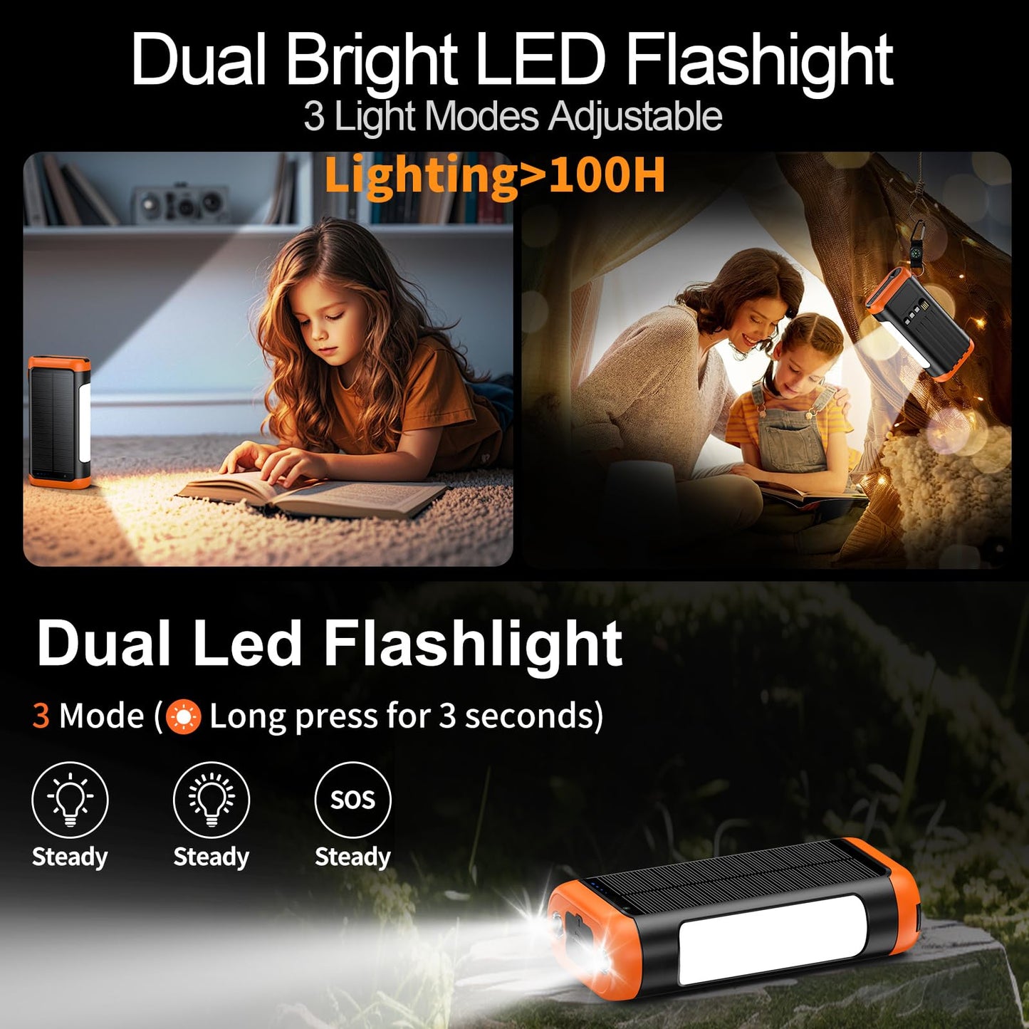 Djkk Solar Power Bank Portable Charger:66800Mah Built In Hand Crank And 3 Cables 22.5W Fast Charging Phone External Battery Pack