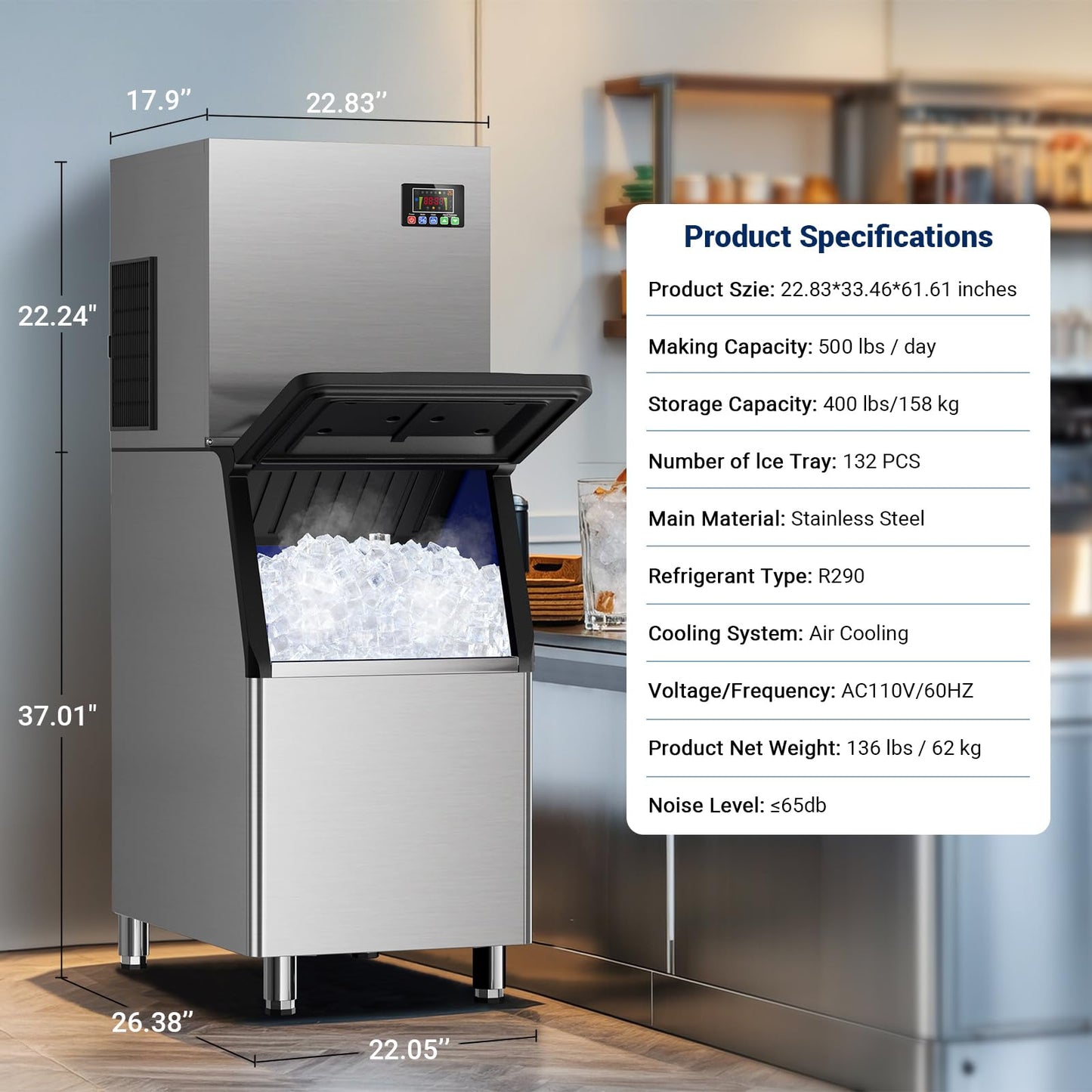Commercial Ice Maker 500 LBS/24h,132 Ice Cubes Ready in 5-15 min with 400 LBS Storage Bin, Self-Cleaning Stainless Steel Industrial Ice Machine Perfect for Bar Restaurant Cafe