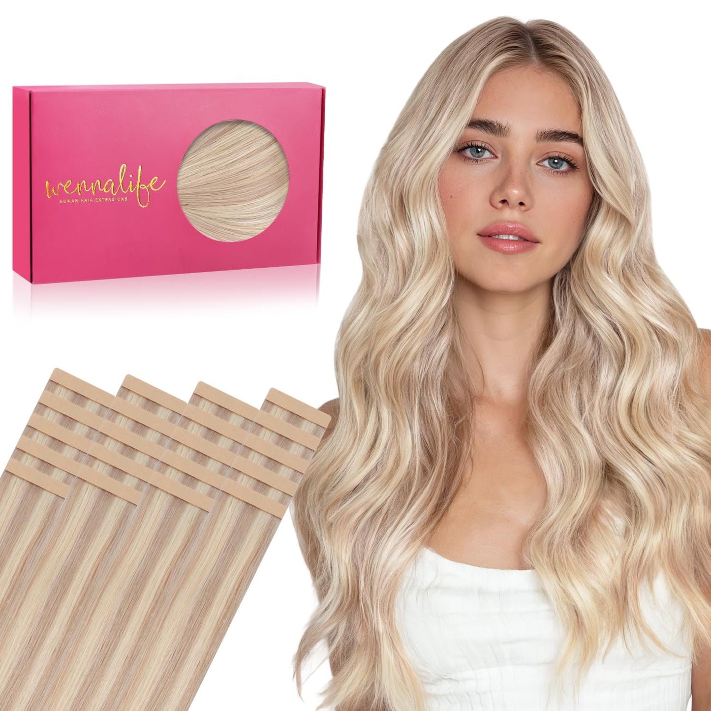 WENNALIFE Tape in Hair Extensions Human Hair, 20pcs 50g 16 inch Balayage Light Wheat Platinum Blonde Remy Hair Extensions for Wo