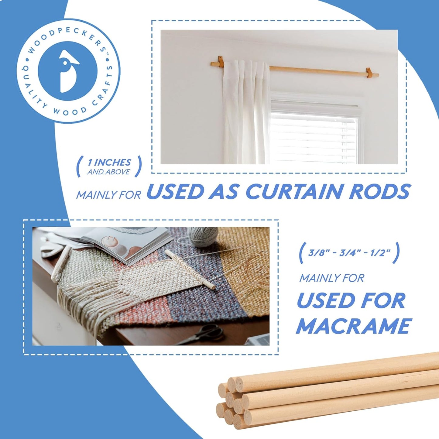 Dowel Rods Wood Sticks Wooden Dowel Rods - 1 x 60 Inch Unfinished Hardwood Sticks - for Crafts and DIYers - 2 Pieces by Woodpeckers