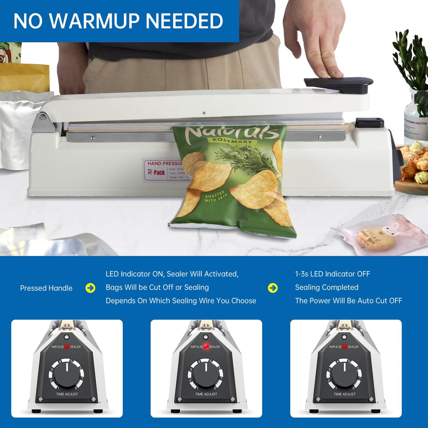 R-PACK Impulse Heat Sealer with Cutter, Heavy-Duty Bag Sealing & Cutting Machine, 2 Extra Replacements (White, 16-Inch)