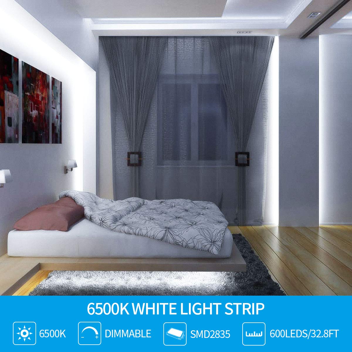 MY BEAUTY LIGHT LED Strip Lights, 32.8FT, White, Dimmable, Flexible Rope Lights with Power Supply, Clips, Dimmer Switch, Model ZH117-6000K
