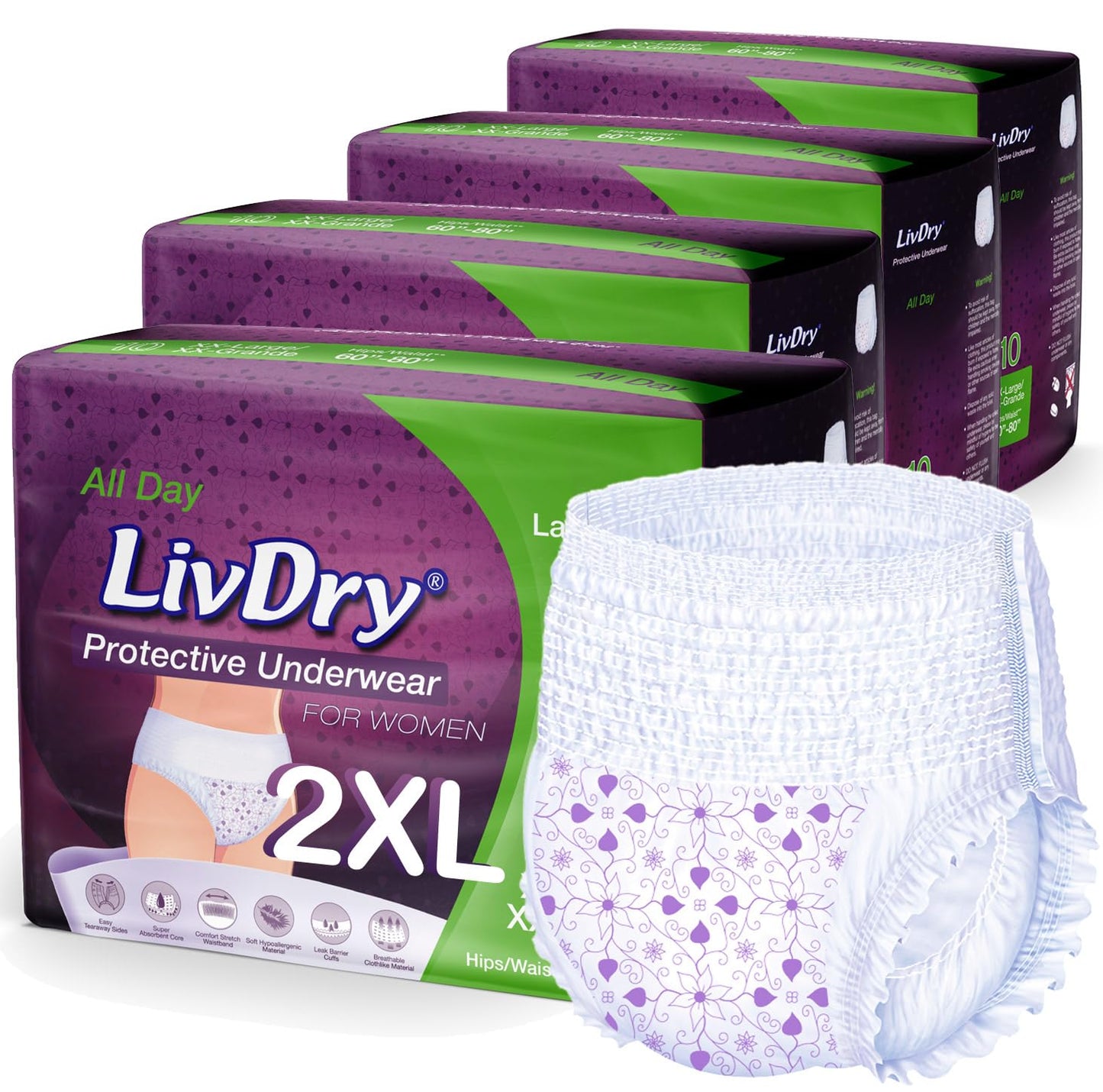 Livdry XXL Adult Diapers Women Overnight, Ultimate Max Absorbency, All Day or Night Protection, Plus Size, XX-Large (40 Count)