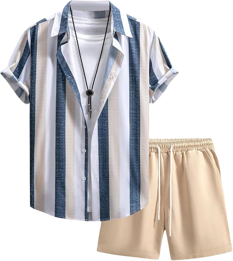 OYOANGLE Men's 2 Piece Outfits Beach Matching Sets Summer Short Sleece Shirt and Shorts Vacation Outfits