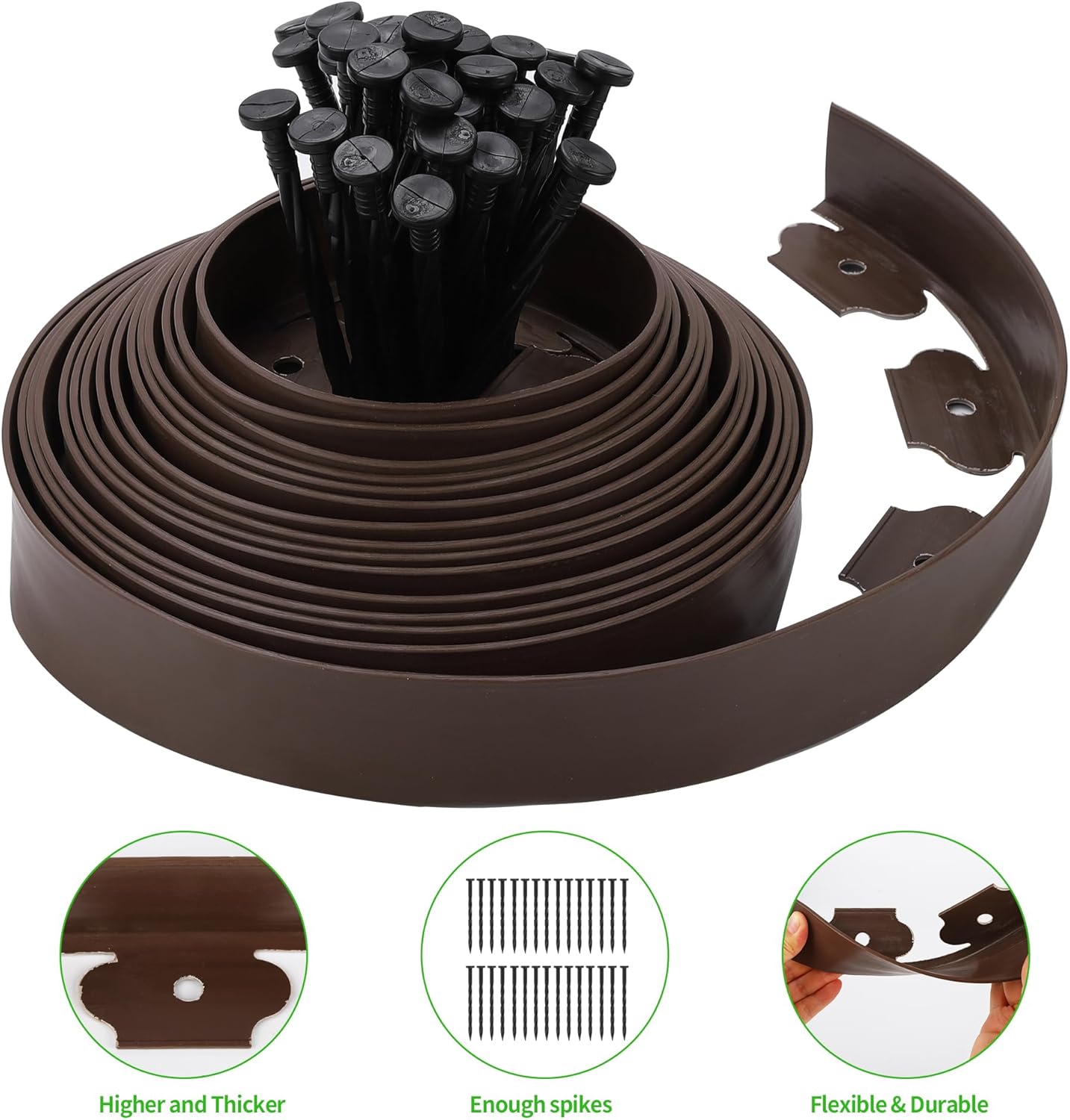 Landscape Edging Kit Flexible Lawn Edging, Landscape Edging Border 33 FT with 30 Spikes, 2" Tall No Dig Garden Edging Roll for Landscaping Flower Beds Yard Pathway (2IN x 66FT, Brown)